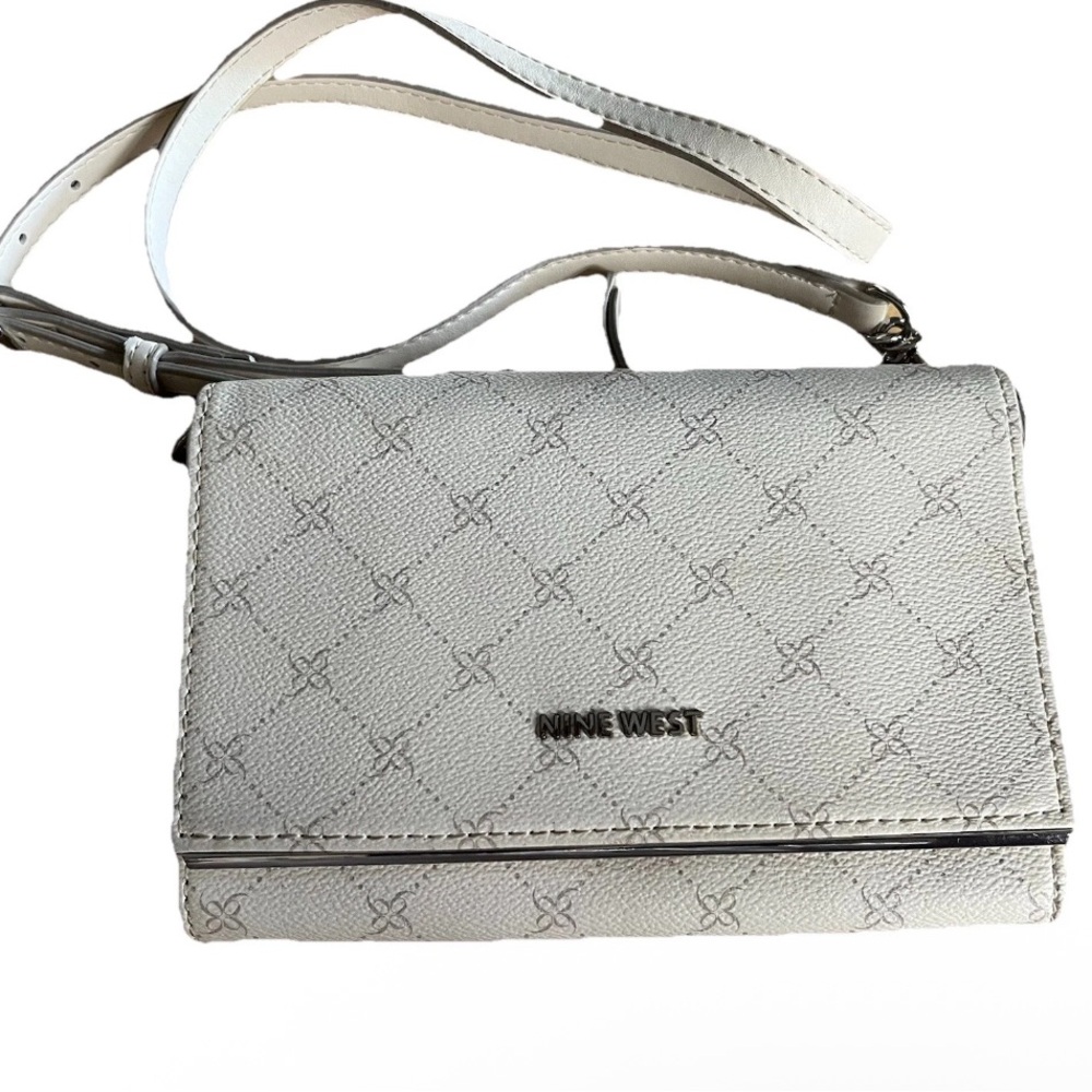 Nine West White Logo Crossbody Bag Adjustable Strap Textured Pattern Purse